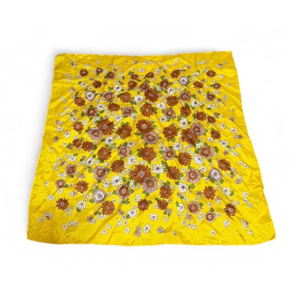Vintage 60s 70s Yellow Floral Acetate Scarf Brown White Flower Mod 26" Japan
